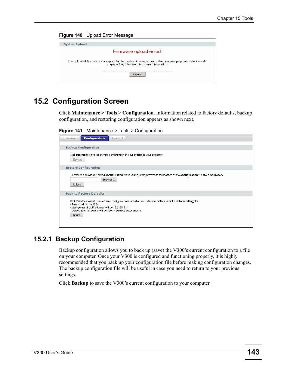 2 configuration screen, 1 backup configuration | ZyXEL Communications V300 User Manual | Page 143 / 204