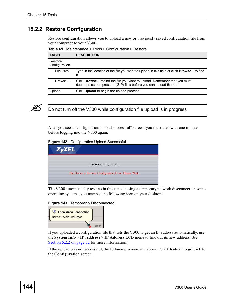 2 restore configuration | ZyXEL Communications V300 User Manual | Page 144 / 204