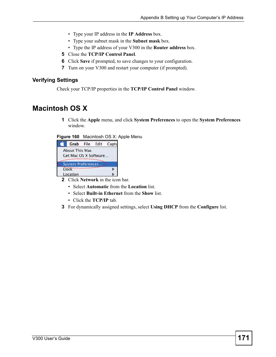 Figure 160 macintosh os x: apple menu, Macintosh os x | ZyXEL Communications V300 User Manual | Page 171 / 204
