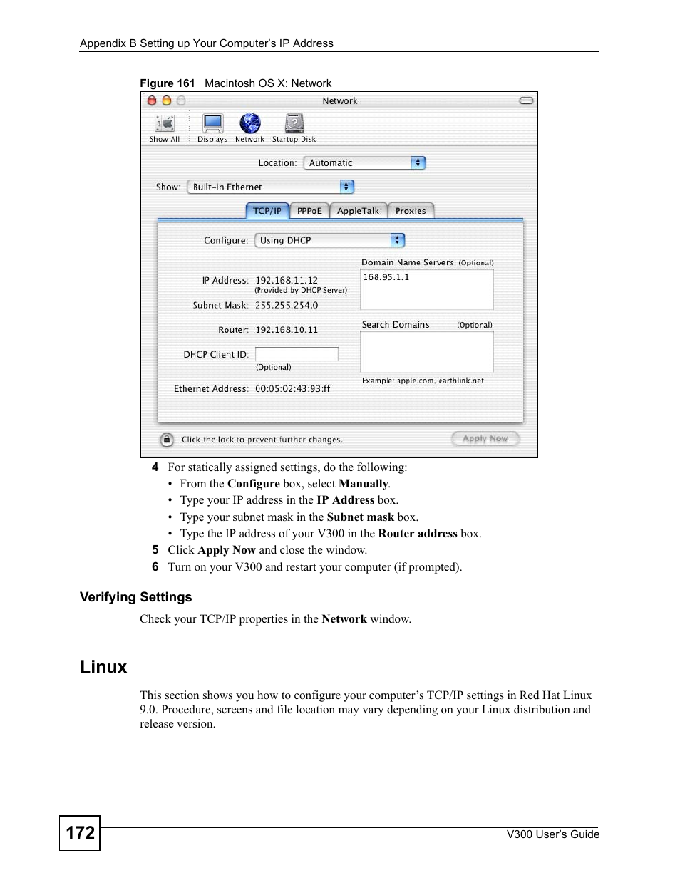 Figure 161 macintosh os x: network, Linux | ZyXEL Communications V300 User Manual | Page 172 / 204