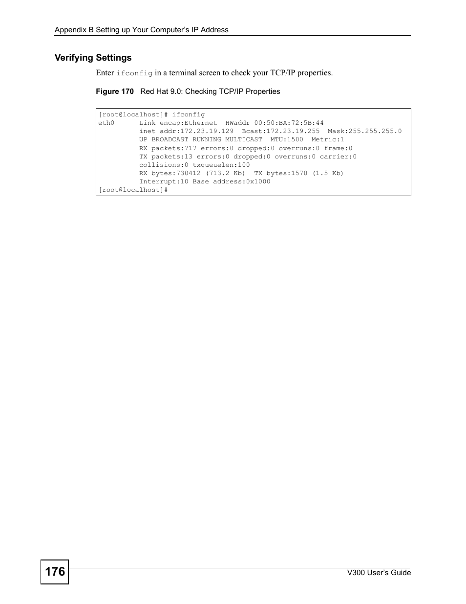 Figure 170 red hat 9.0: checking tcp/ip properties | ZyXEL Communications V300 User Manual | Page 176 / 204