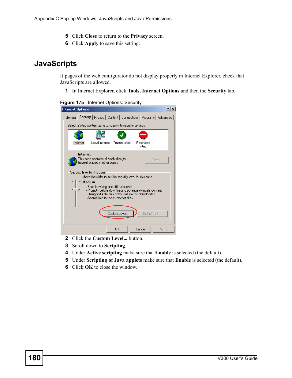 Figure 175 internet options: security, Javascripts | ZyXEL Communications V300 User Manual | Page 180 / 204