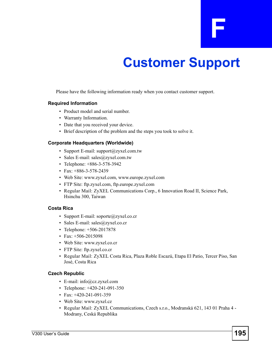 Customer support, Appendix f customer support, Customer support (195) | ZyXEL Communications V300 User Manual | Page 195 / 204
