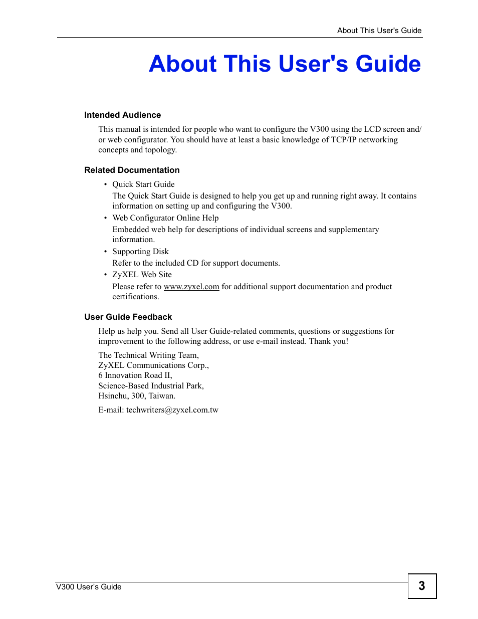 About this user's guide | ZyXEL Communications V300 User Manual | Page 3 / 204