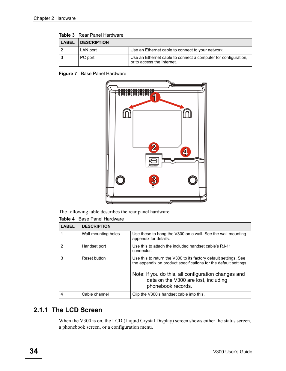 1 the lcd screen, Figure 7 base panel hardware, Table 4 base panel hardware | ZyXEL Communications V300 User Manual | Page 34 / 204