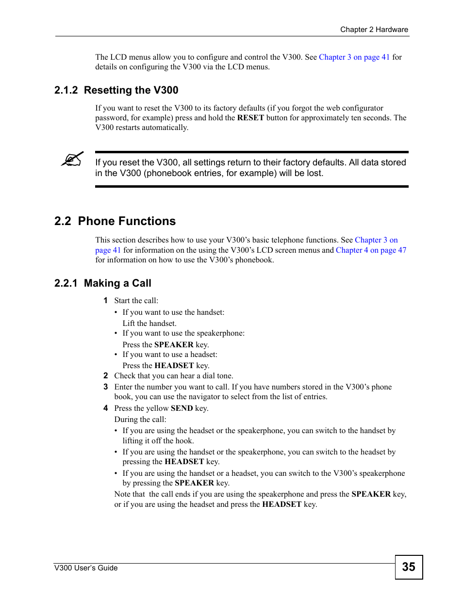2 resetting the v300, 2 phone functions, 1 making a call | ZyXEL Communications V300 User Manual | Page 35 / 204