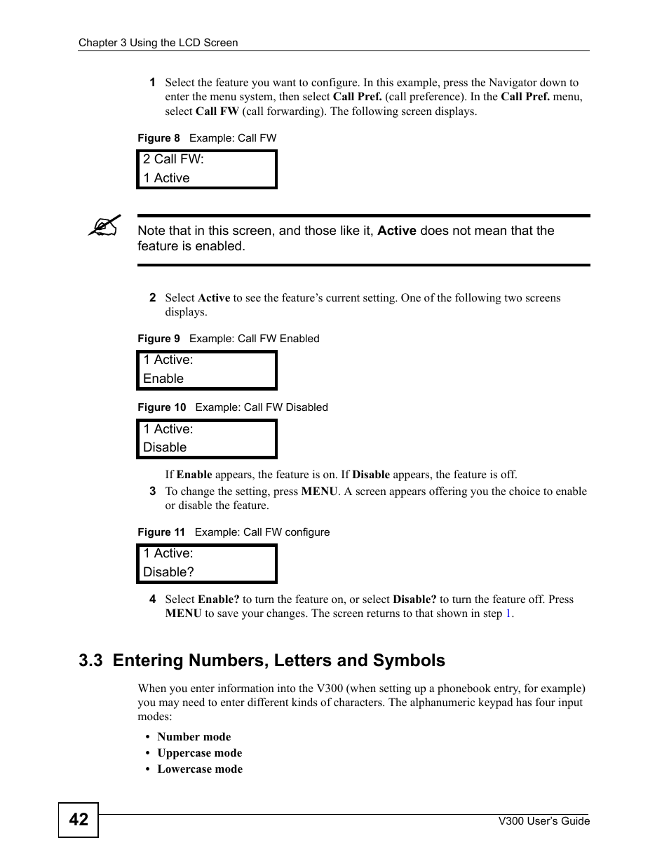 3 entering numbers, letters and symbols | ZyXEL Communications V300 User Manual | Page 42 / 204