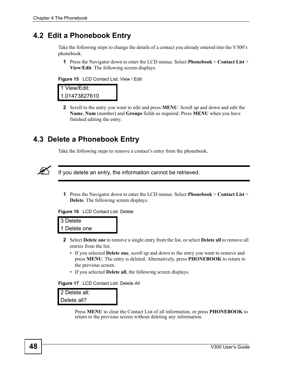 2 edit a phonebook entry, 3 delete a phonebook entry, 48 4.2 edit a phonebook entry | ZyXEL Communications V300 User Manual | Page 48 / 204