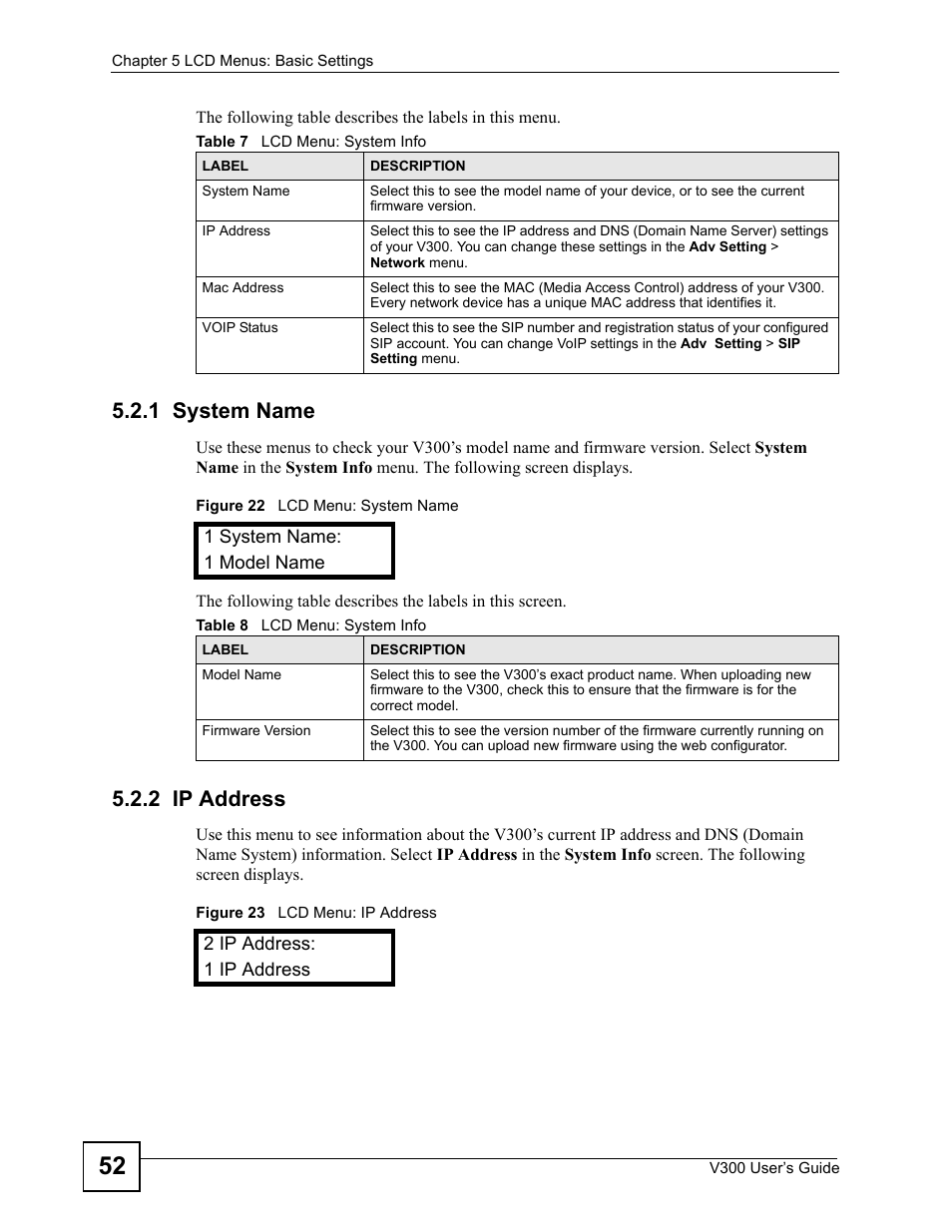 1 system name, 2 ip address, 1 system name 5.2.2 ip address | ZyXEL Communications V300 User Manual | Page 52 / 204