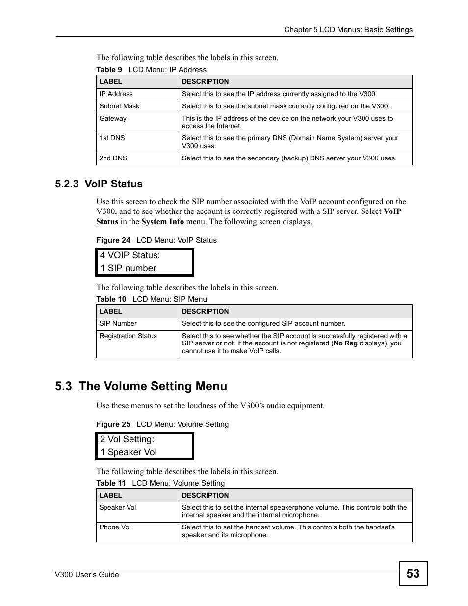 3 voip status, 3 the volume setting menu | ZyXEL Communications V300 User Manual | Page 53 / 204