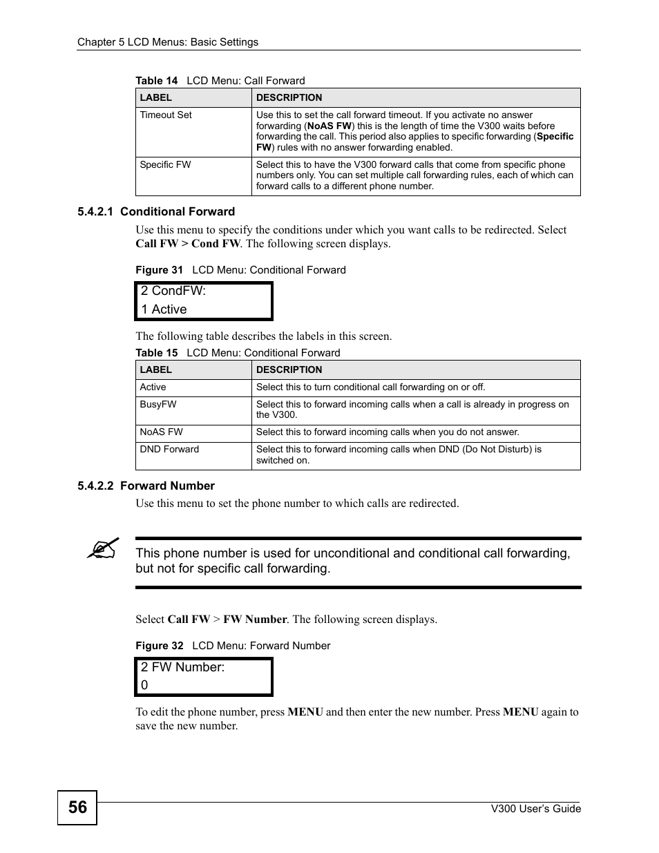 Table 15 lcd menu: conditional forward | ZyXEL Communications V300 User Manual | Page 56 / 204