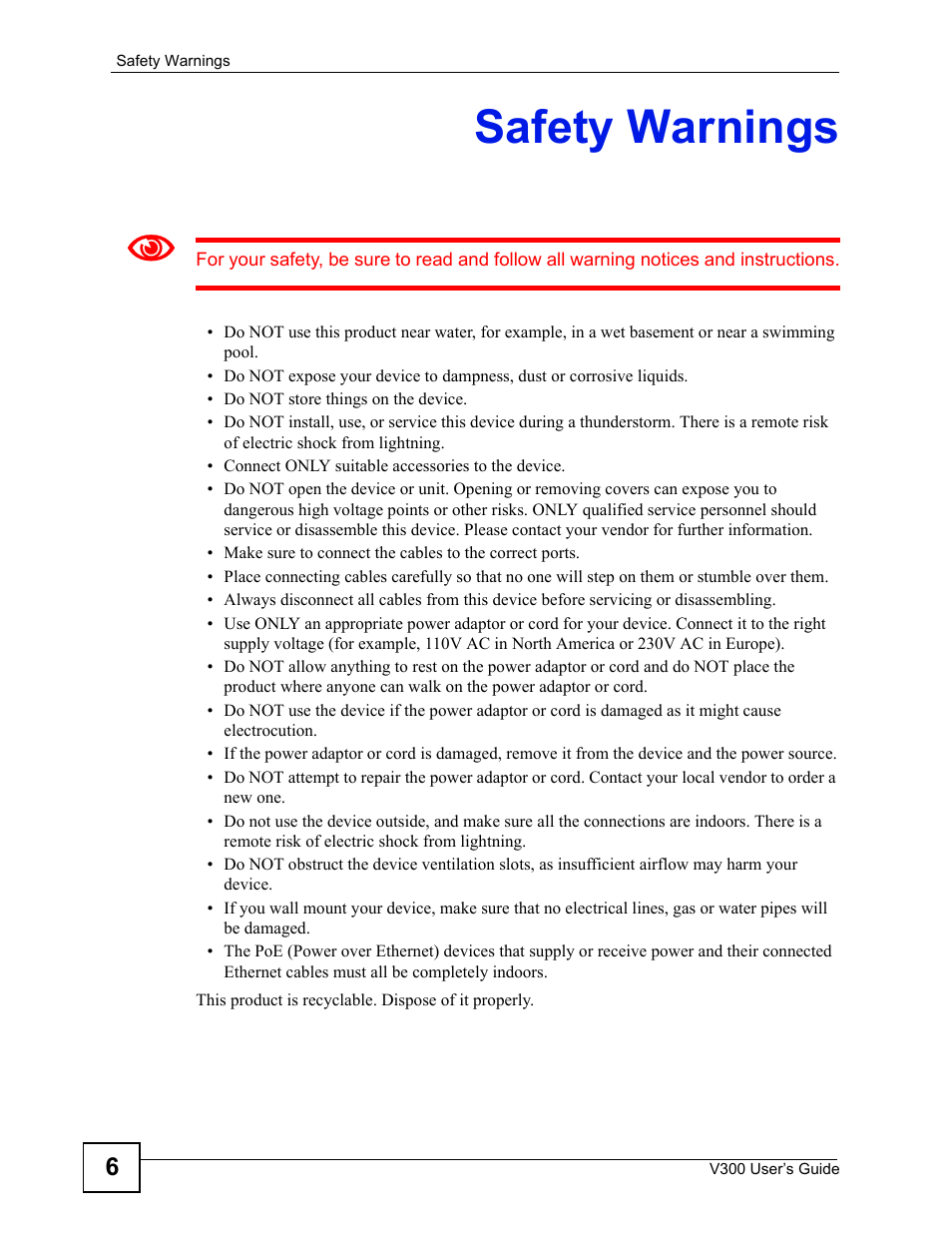 Safety warnings | ZyXEL Communications V300 User Manual | Page 6 / 204