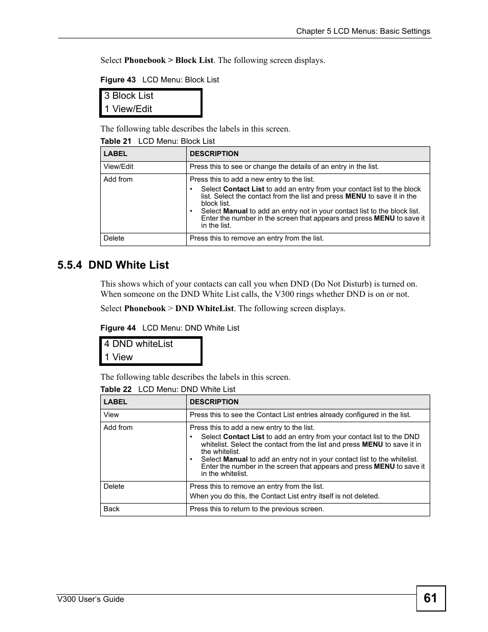 4 dnd white list | ZyXEL Communications V300 User Manual | Page 61 / 204