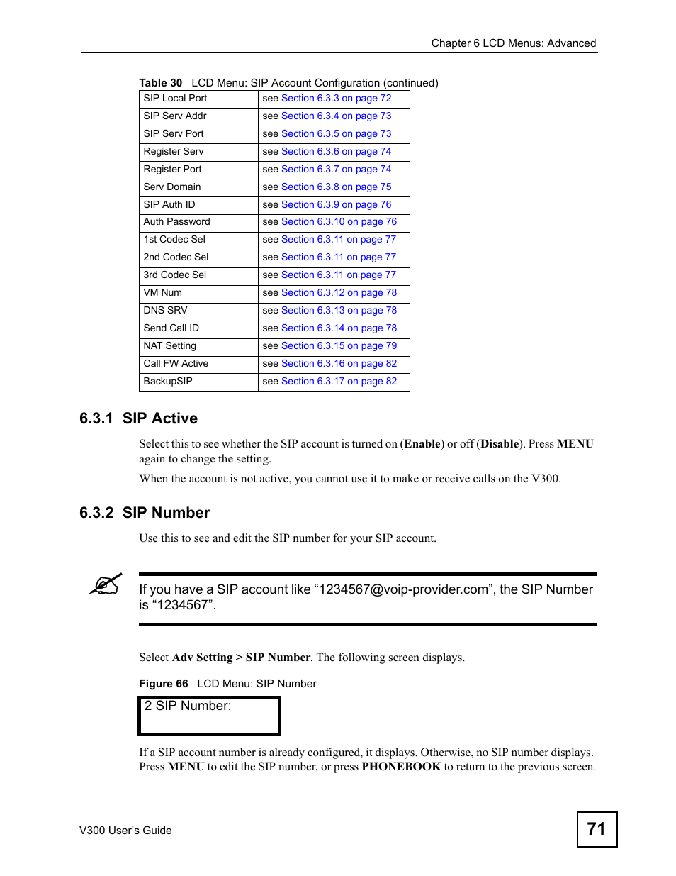 1 sip active, 2 sip number, 1 sip active 6.3.2 sip number | Figure 66 lcd menu: sip number | ZyXEL Communications V300 User Manual | Page 71 / 204