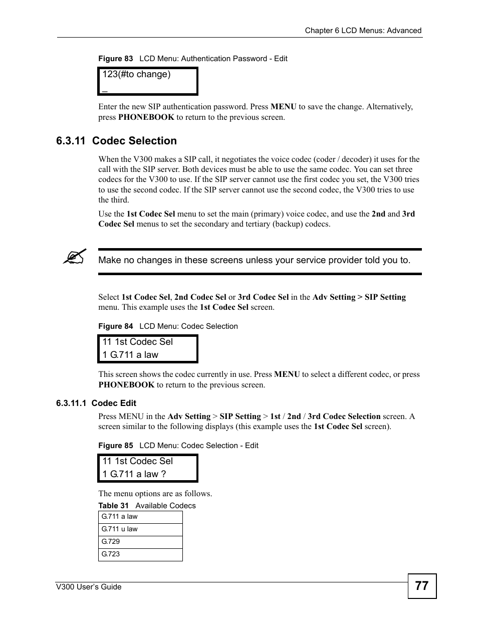 11 codec selection, Table 31 available codecs | ZyXEL Communications V300 User Manual | Page 77 / 204