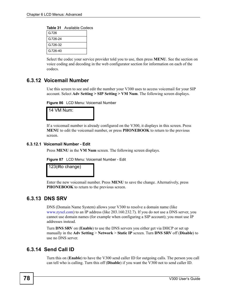 12 voicemail number, 13 dns srv, 14 send call id | ZyXEL Communications V300 User Manual | Page 78 / 204