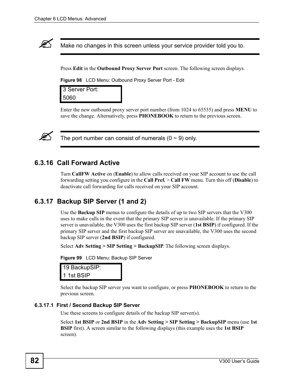 16 call forward active, 17 backup sip server (1 and 2) | ZyXEL Communications V300 User Manual | Page 82 / 204