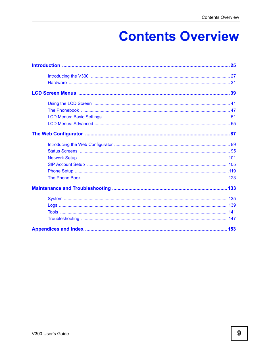 Contents overview | ZyXEL Communications V300 User Manual | Page 9 / 204