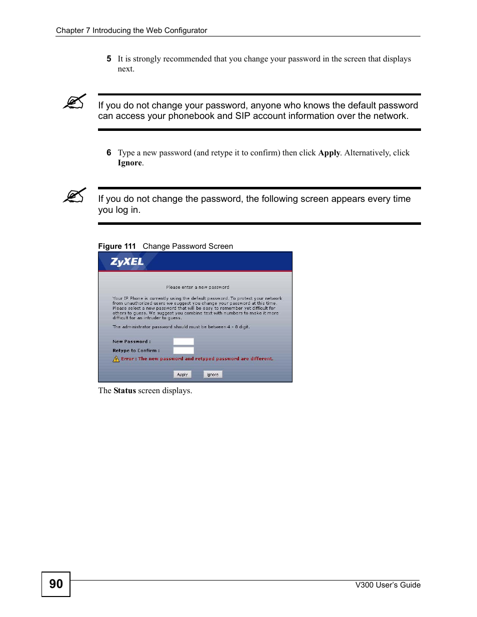 Figure 111 change password screen | ZyXEL Communications V300 User Manual | Page 90 / 204