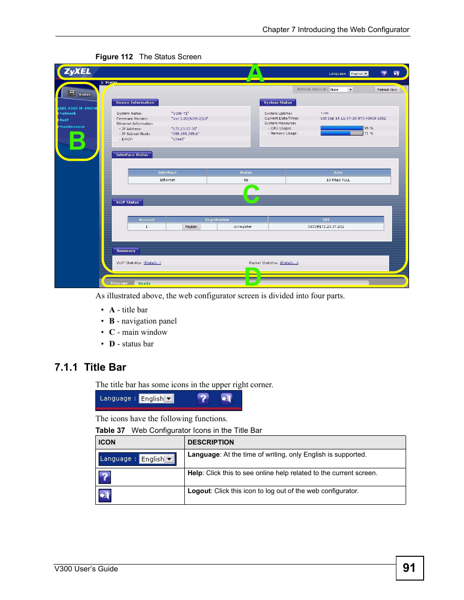 1 title bar, Figure 112 the status screen, Table 37 web configurator icons in the title bar | Cb a d | ZyXEL Communications V300 User Manual | Page 91 / 204