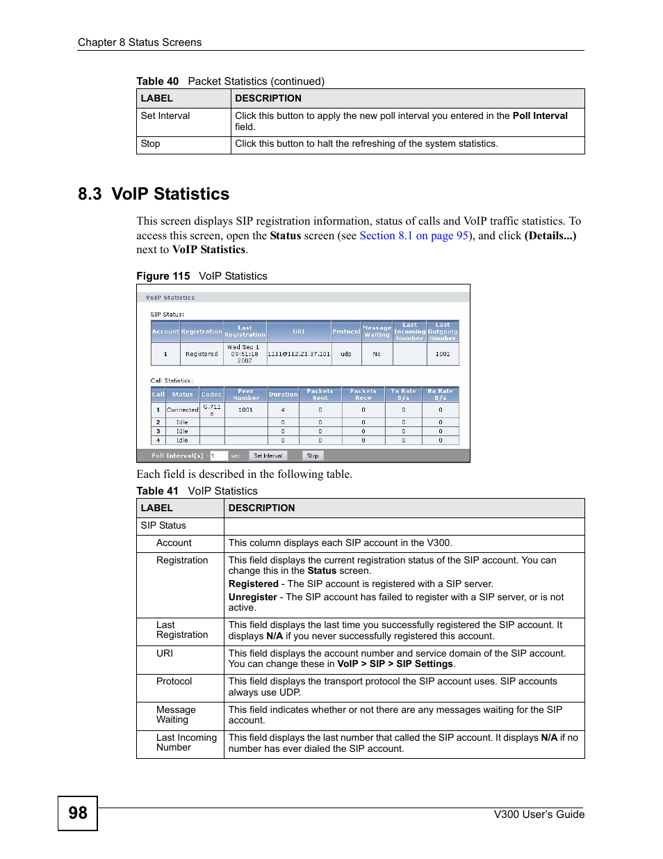 3 voip statistics, Figure 115 voip statistics, Table 41 voip statistics | 98 8.3 voip statistics | ZyXEL Communications V300 User Manual | Page 98 / 204