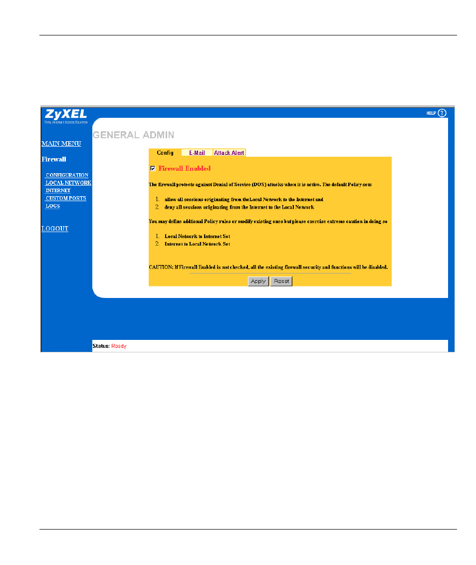 Enabling the firewall, E-mail, 2 enabling the firewall | 3 e-mail | ZyXEL Communications ZYWALL10 User Manual | Page 180 / 267