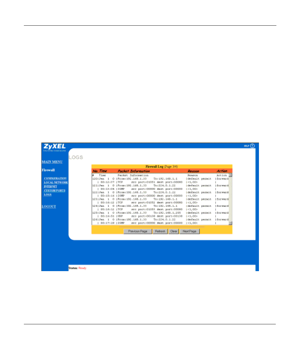 Logs, Log screen, Chapter 18 logs | ZyXEL Communications ZYWALL10 User Manual | Page 210 / 267