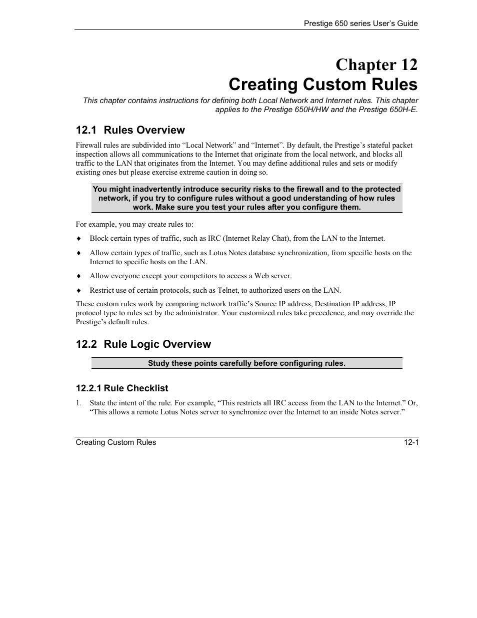 Creating custom rules, Rules overview, Rule logic overview | Chapter 12 creating custom rules, 1 rules overview, 2 rule logic overview | ZyXEL Communications 650 Series User Manual | Page 137 / 513