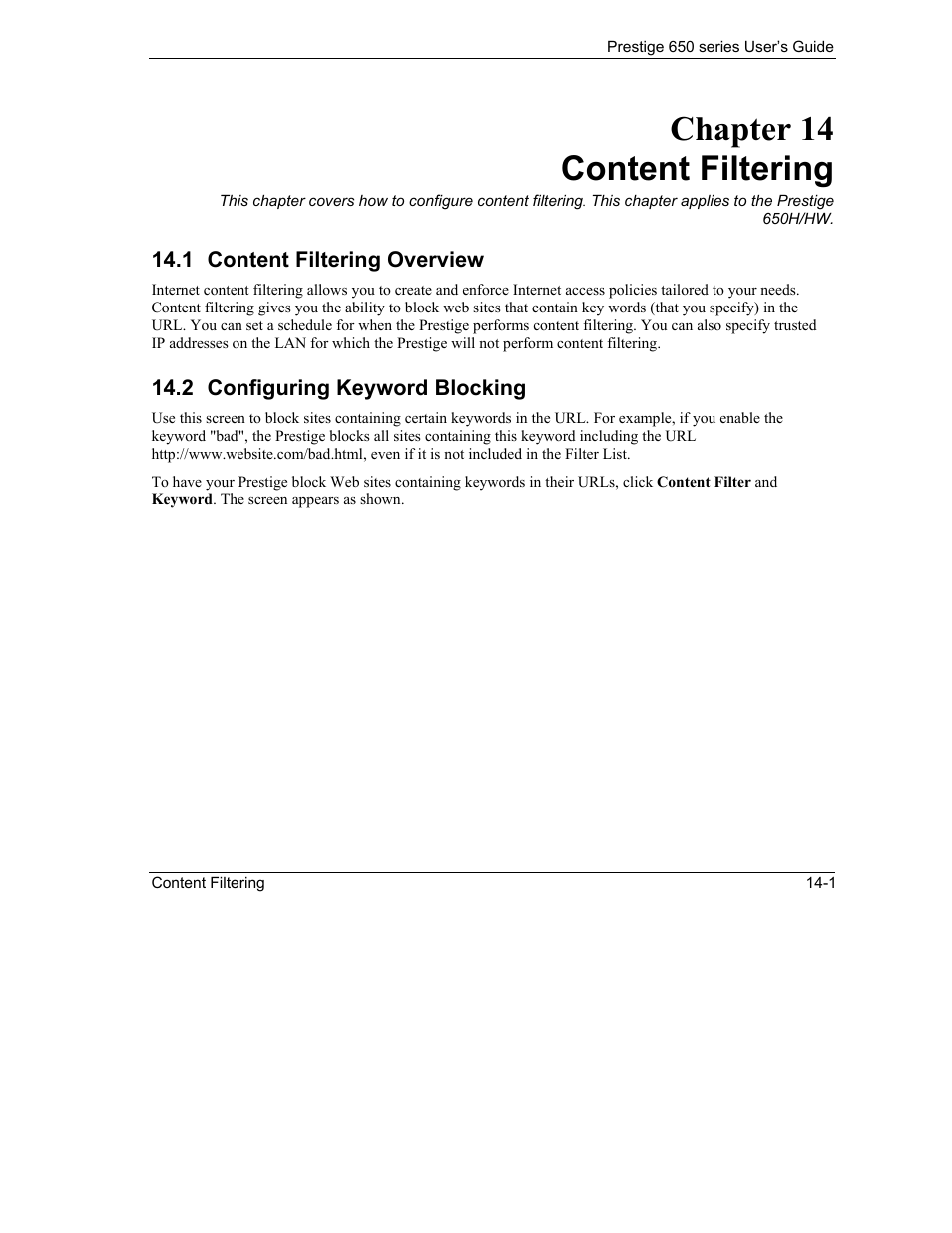 Content filtering, Content filtering overview, Configuring keyword blocking | Chapter 14 content filtering | ZyXEL Communications 650 Series User Manual | Page 159 / 513