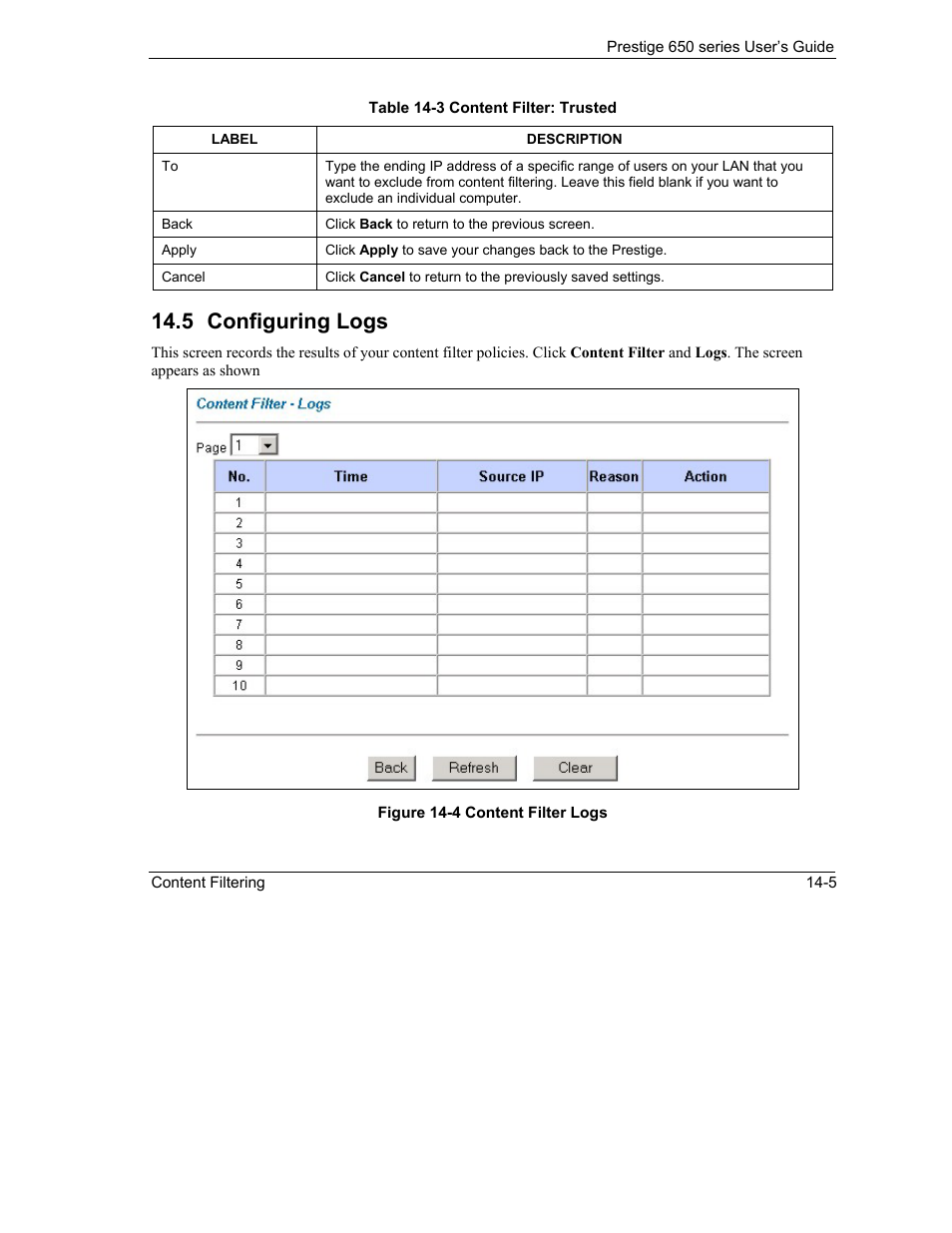 Configuring logs, 5 configuring logs | ZyXEL Communications 650 Series User Manual | Page 163 / 513