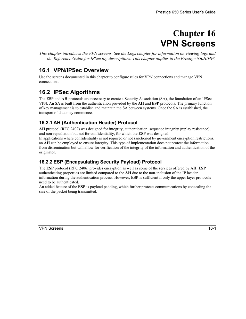 Vpn screens, Vpn/ipsec overview, Ipsec algorithms | Chapter 16 vpn screens | ZyXEL Communications 650 Series User Manual | Page 173 / 513