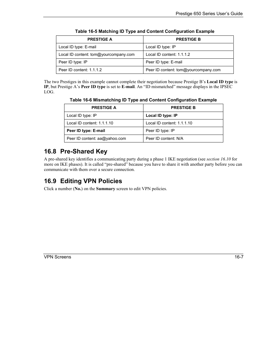 Pre-shared key, Editing vpn policies, 8 pre-shared key | 9 editing vpn policies | ZyXEL Communications 650 Series User Manual | Page 179 / 513