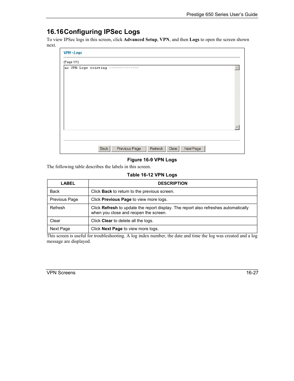 Configuring ipsec logs, 16 configuring ipsec logs | ZyXEL Communications 650 Series User Manual | Page 199 / 513