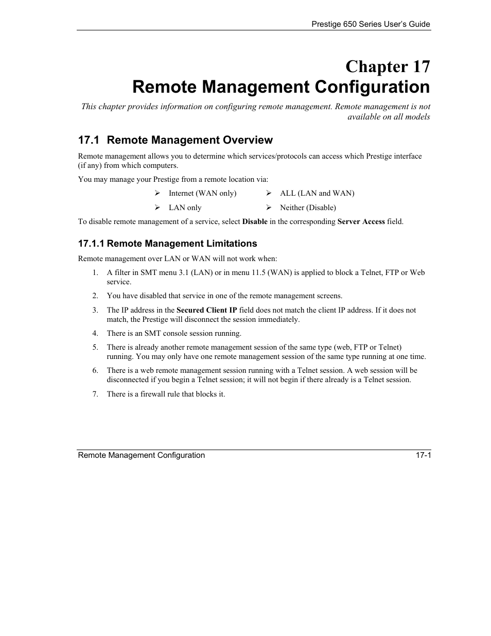 Remote management configuration, Remote management overview, Chapter 17 remote management configuration | 1 remote management overview | ZyXEL Communications 650 Series User Manual | Page 207 / 513