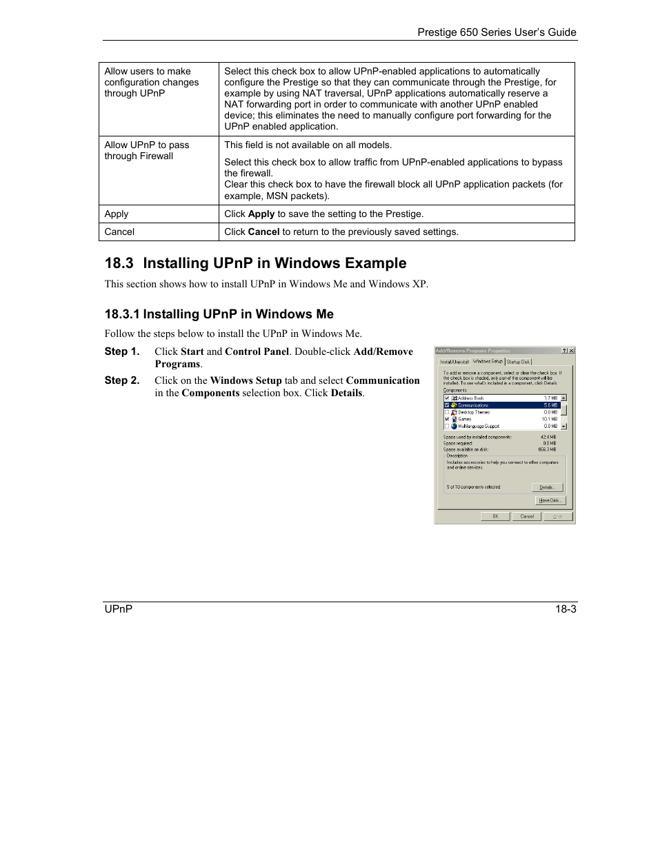 Installing upnp in windows example, 3 installing upnp in windows example | ZyXEL Communications 650 Series User Manual | Page 213 / 513