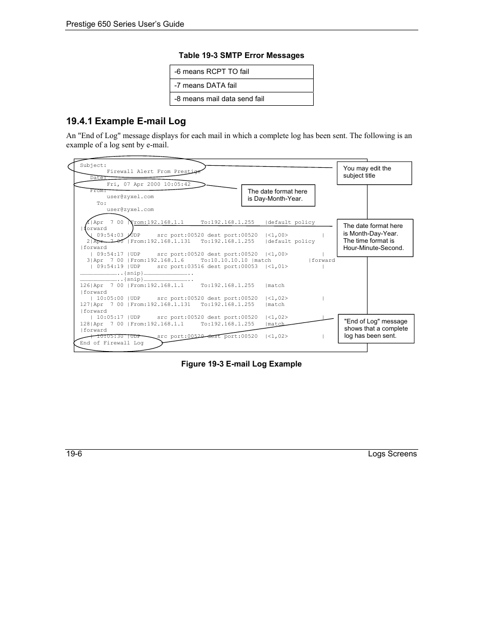 1 example e-mail log | ZyXEL Communications 650 Series User Manual | Page 224 / 513