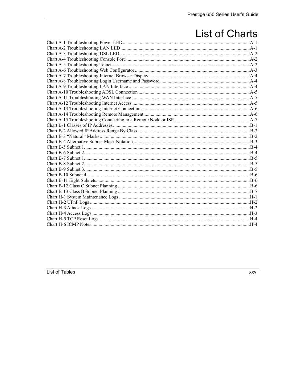 List of charts | ZyXEL Communications 650 Series User Manual | Page 25 / 513