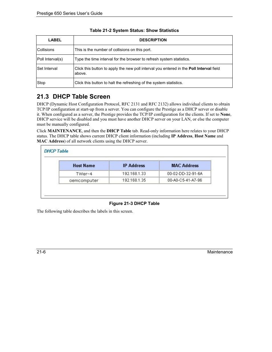 Dhcp table screen, 3 dhcp table screen | ZyXEL Communications 650 Series User Manual | Page 252 / 513