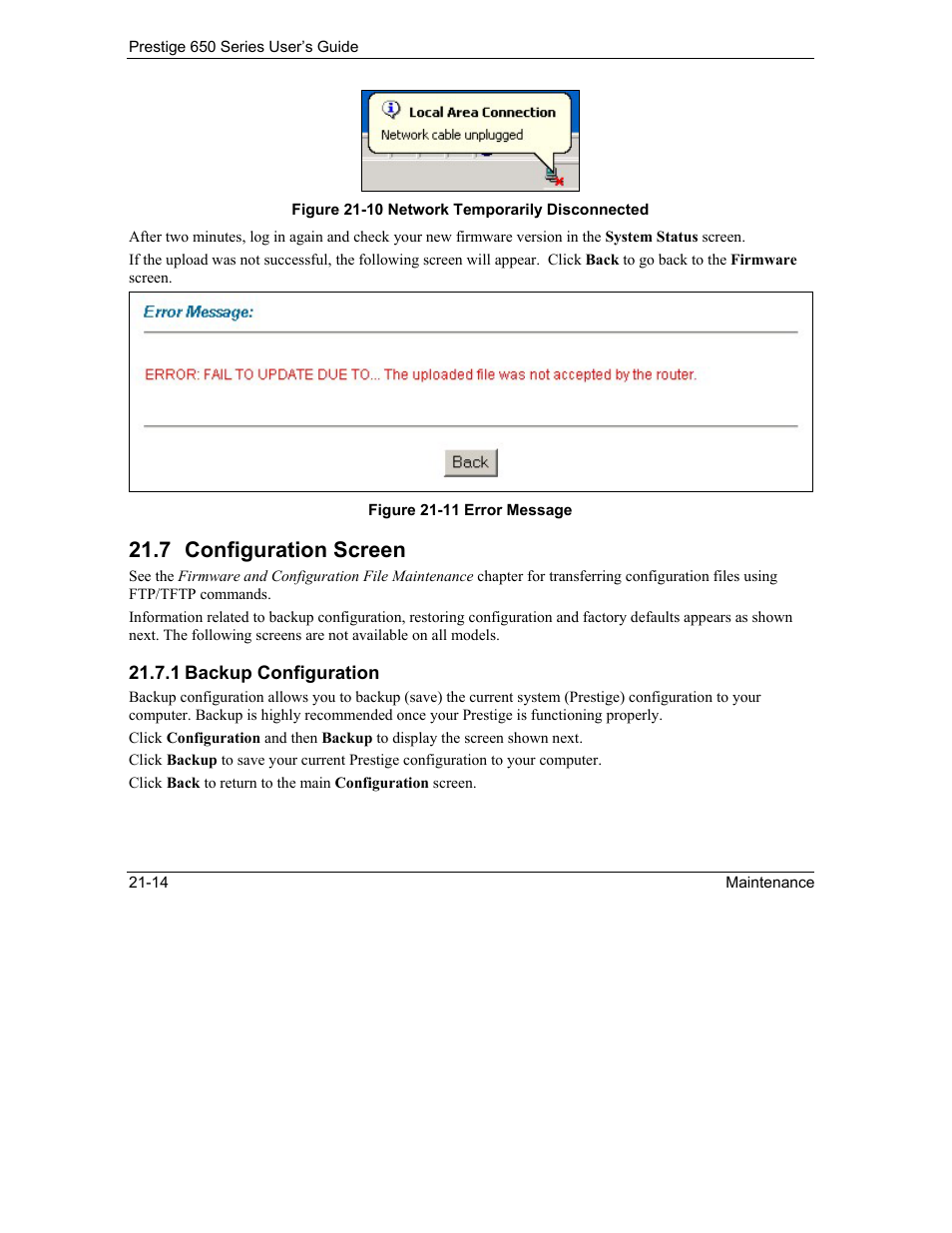 Configuration screen, 7 configuration screen | ZyXEL Communications 650 Series User Manual | Page 260 / 513
