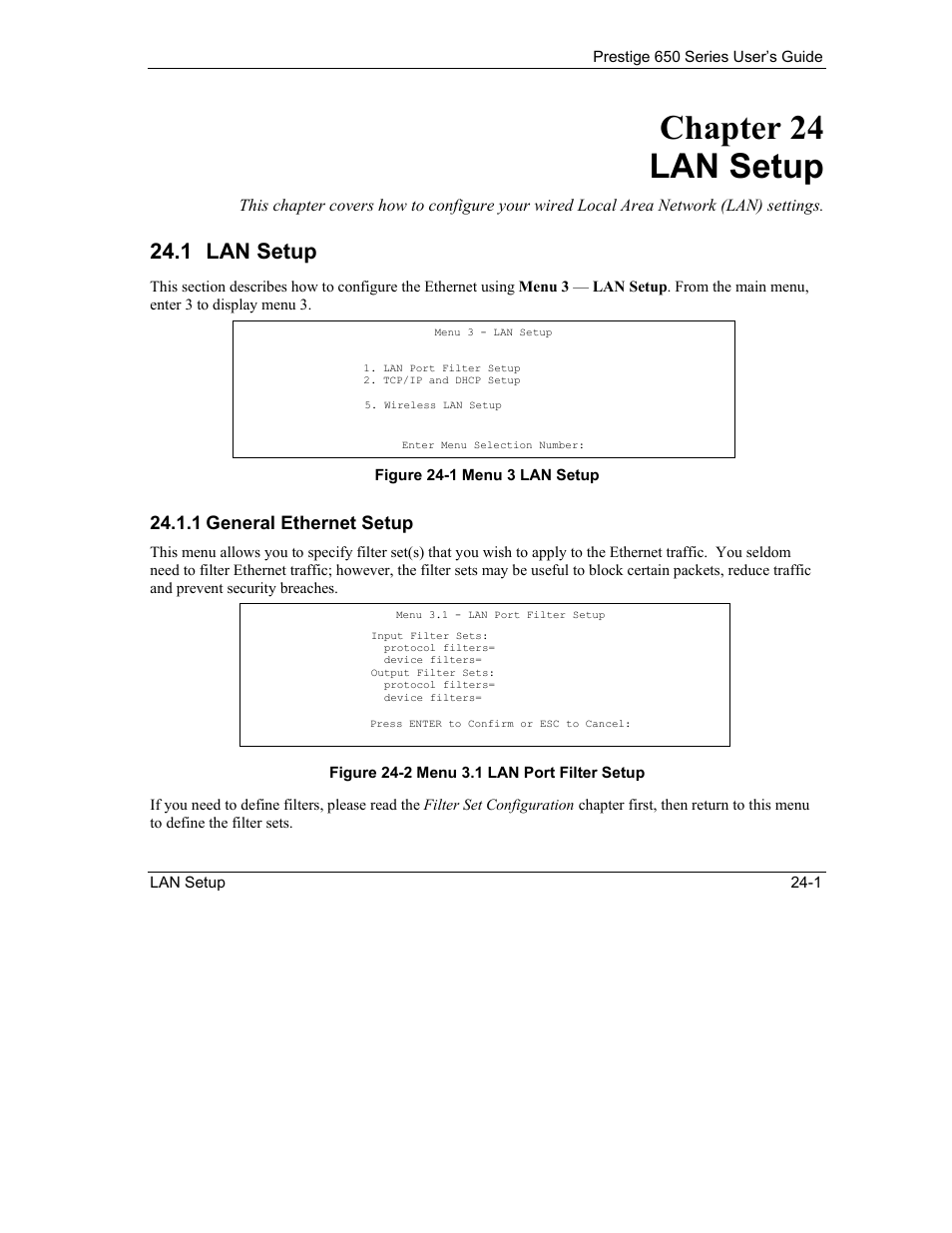 Lan setup, Chapter 24 lan setup, 1 lan setup | 1 general ethernet setup | ZyXEL Communications 650 Series User Manual | Page 277 / 513
