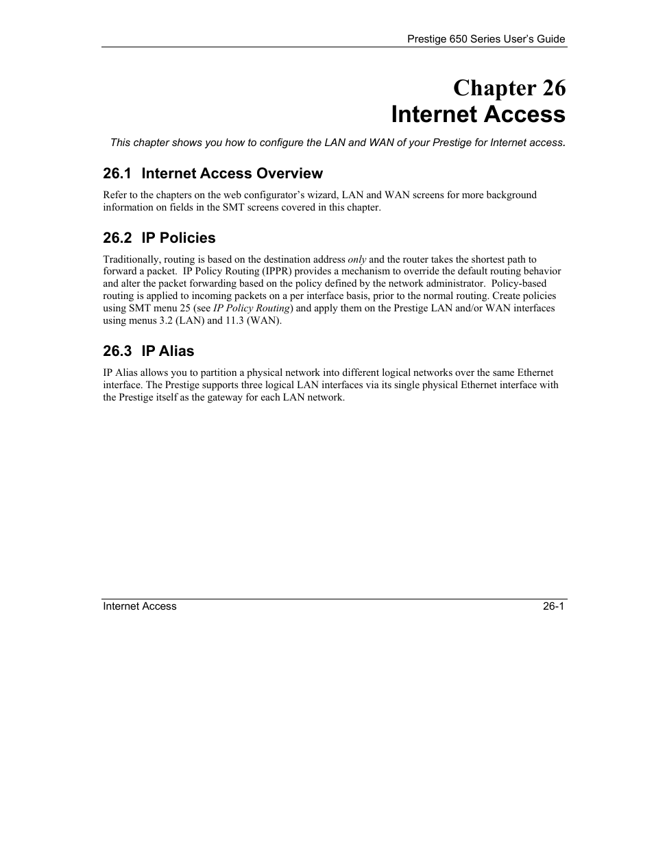 Internet access, Internet access overview, Ip policies | Ip alias, Chapter 26 internet access | ZyXEL Communications 650 Series User Manual | Page 285 / 513