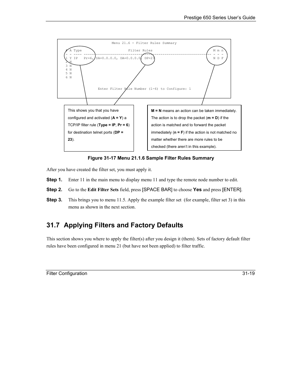 Applying filters and factory defaults, 7 applying filters and factory defaults | ZyXEL Communications 650 Series User Manual | Page 357 / 513