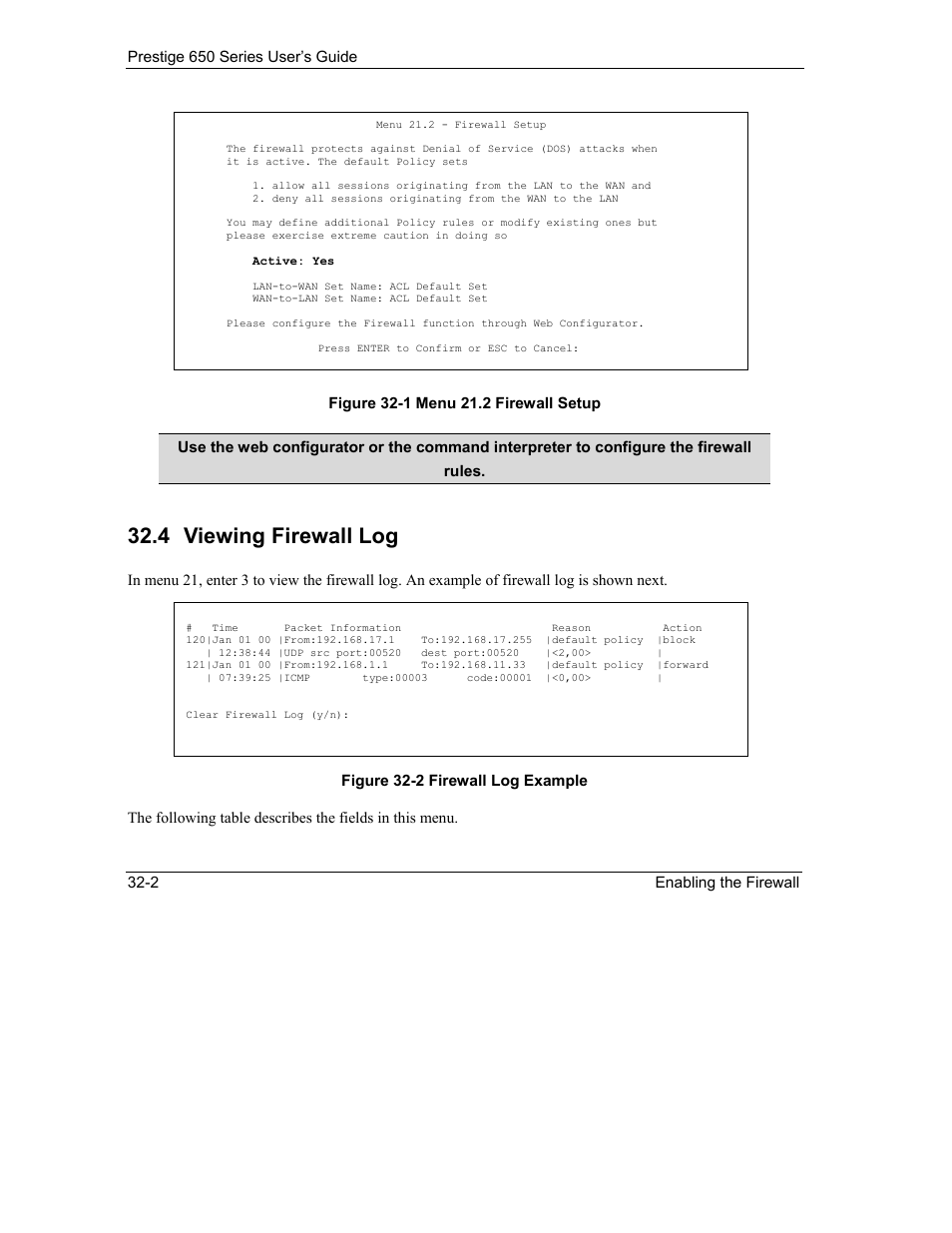 Viewing firewall log, 4 viewing firewall log | ZyXEL Communications 650 Series User Manual | Page 362 / 513