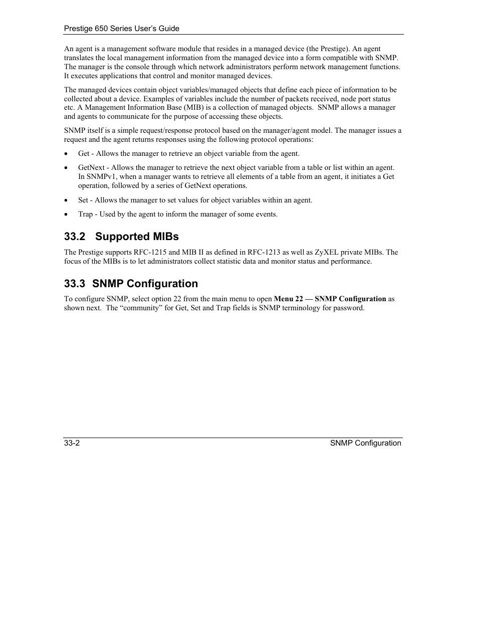Supported mibs, Snmp configuration, 2 supported mibs | 3 snmp configuration | ZyXEL Communications 650 Series User Manual | Page 366 / 513