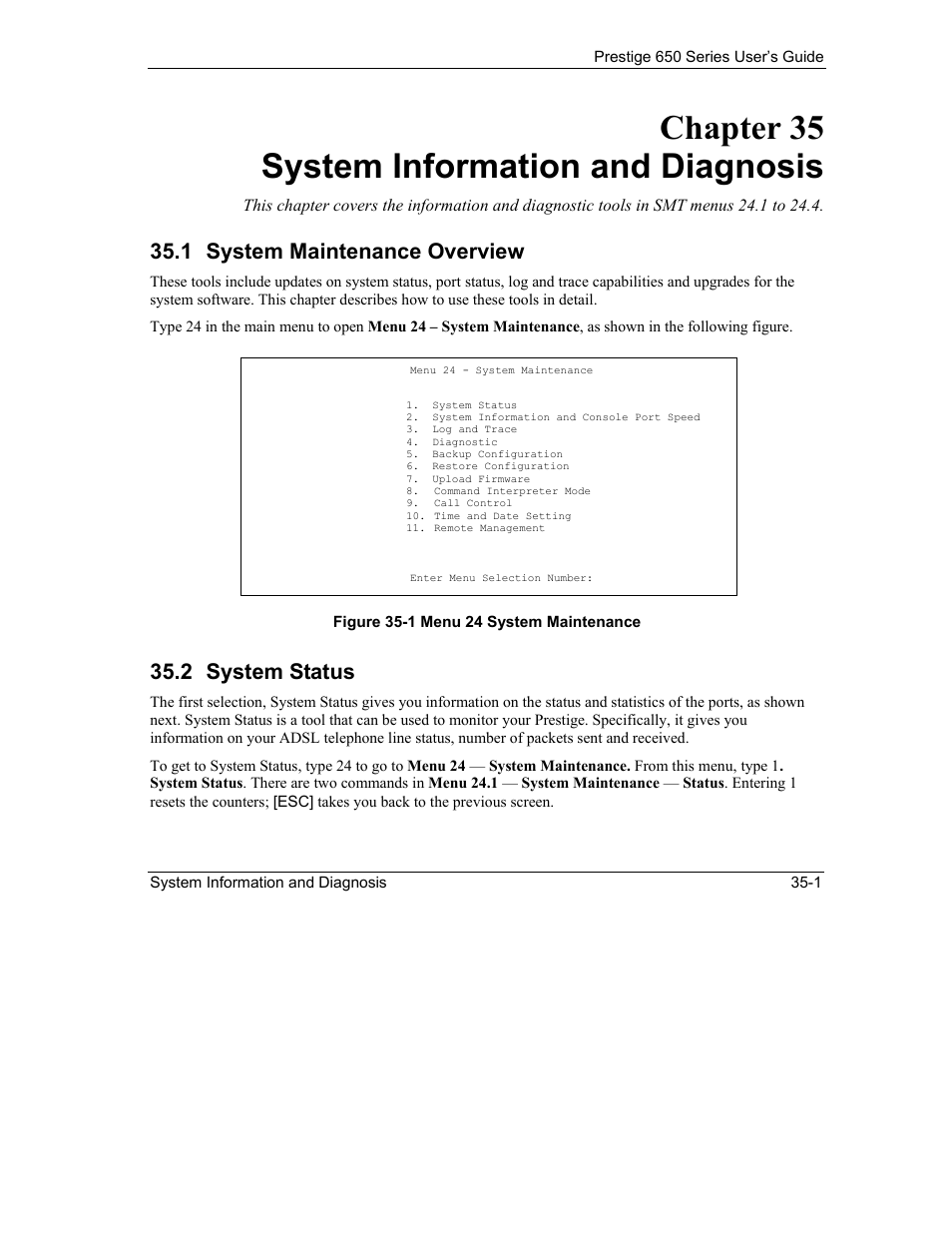 System information and diagnosis, System maintenance overview, System status | Chapter 35 system information and diagnosis, 1 system maintenance overview, 2 system status | ZyXEL Communications 650 Series User Manual | Page 375 / 513