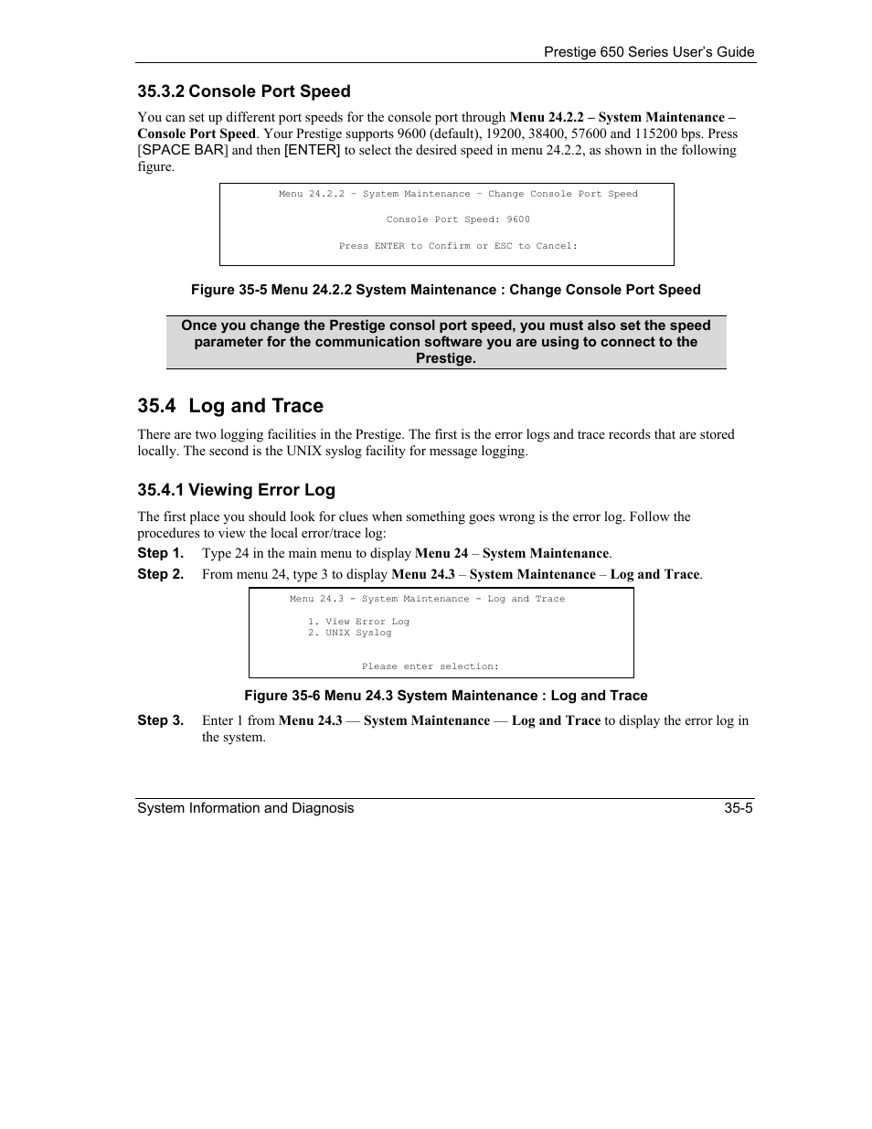 Log and trace, 4 log and trace, 2 console port speed | 1 viewing error log | ZyXEL Communications 650 Series User Manual | Page 379 / 513