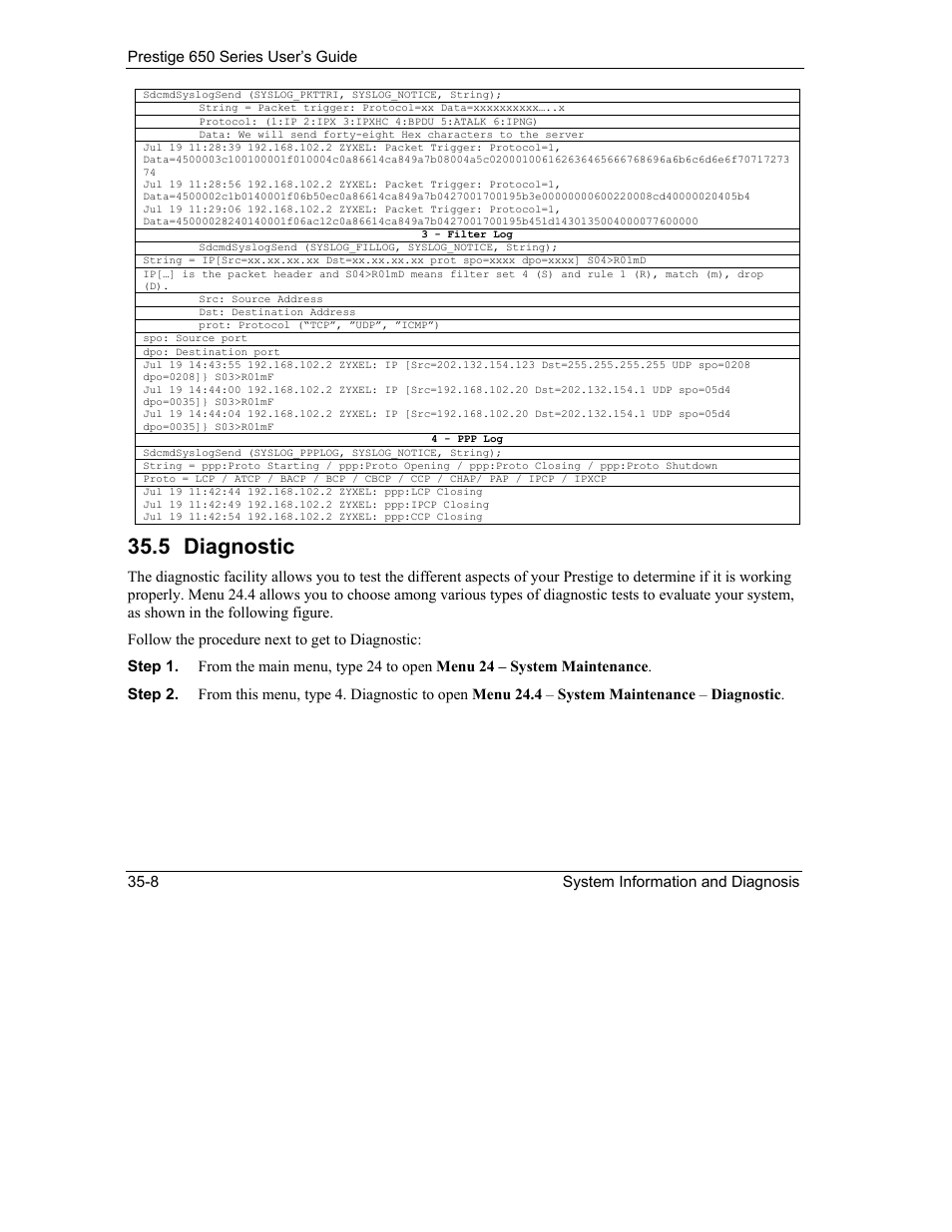 Diagnostic, 5 diagnostic | ZyXEL Communications 650 Series User Manual | Page 382 / 513