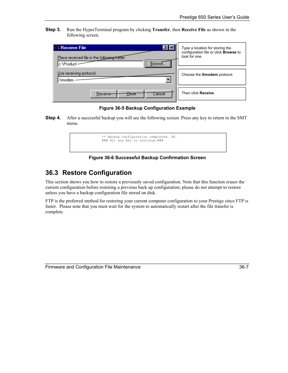 Restore configuration, 3 restore configuration | ZyXEL Communications 650 Series User Manual | Page 391 / 513