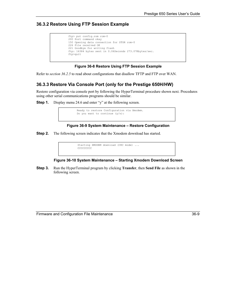 2 restore using ftp session example | ZyXEL Communications 650 Series User Manual | Page 393 / 513