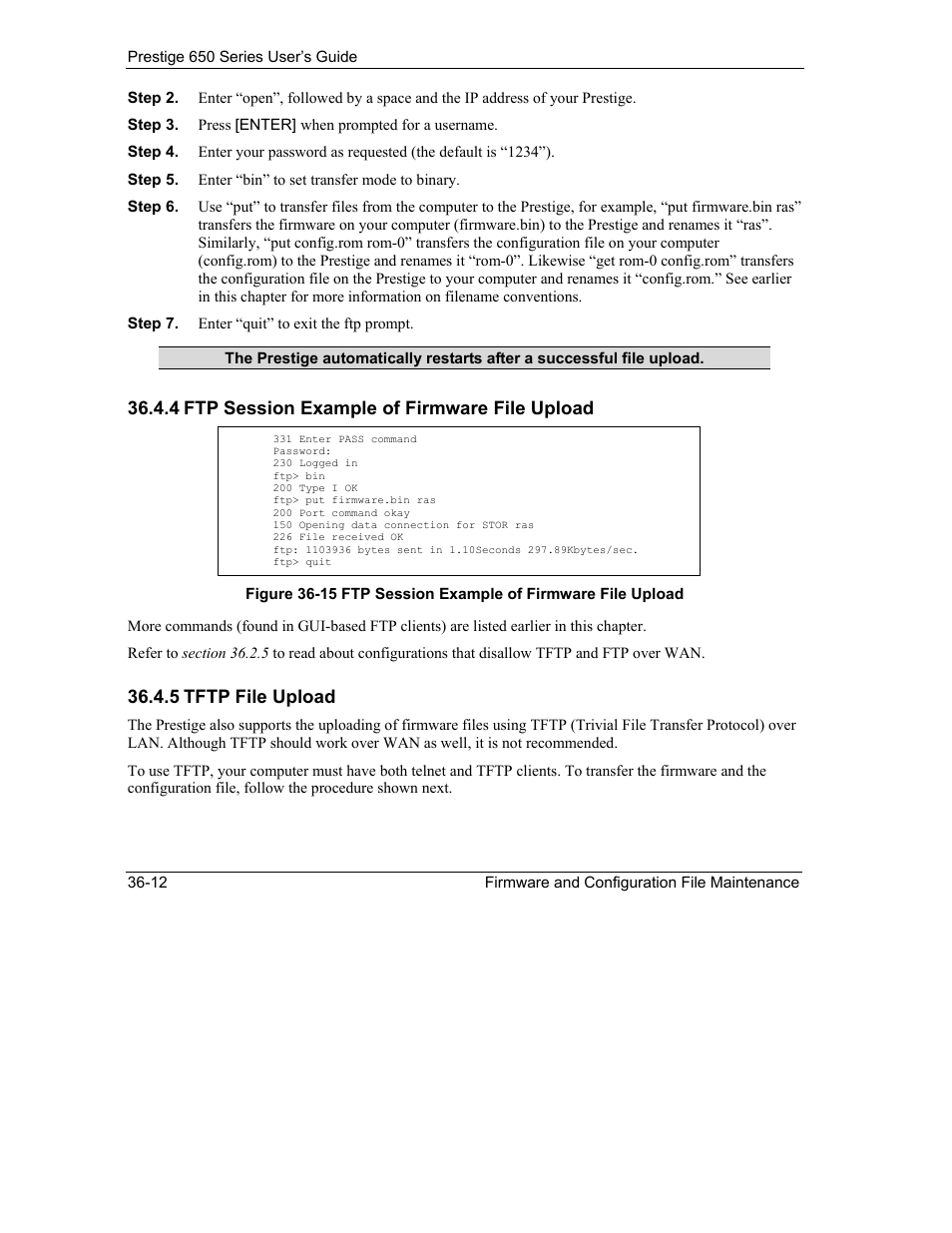 4 ftp session example of firmware file upload, 5 tftp file upload | ZyXEL Communications 650 Series User Manual | Page 396 / 513